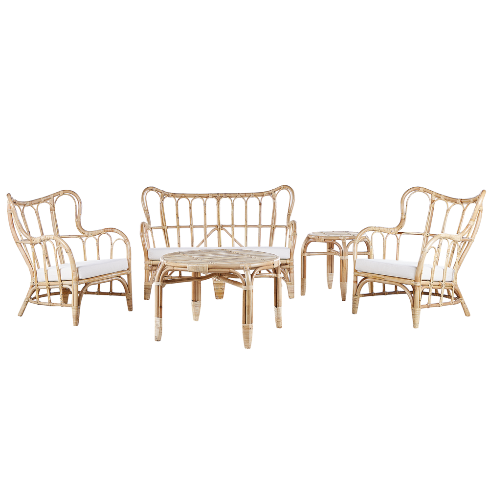 Set Divani Da Giardino Beige Rattan Naturale 2 Tavoli 2 Poltrone Divano Cuscini Per Interni Esterni Boho