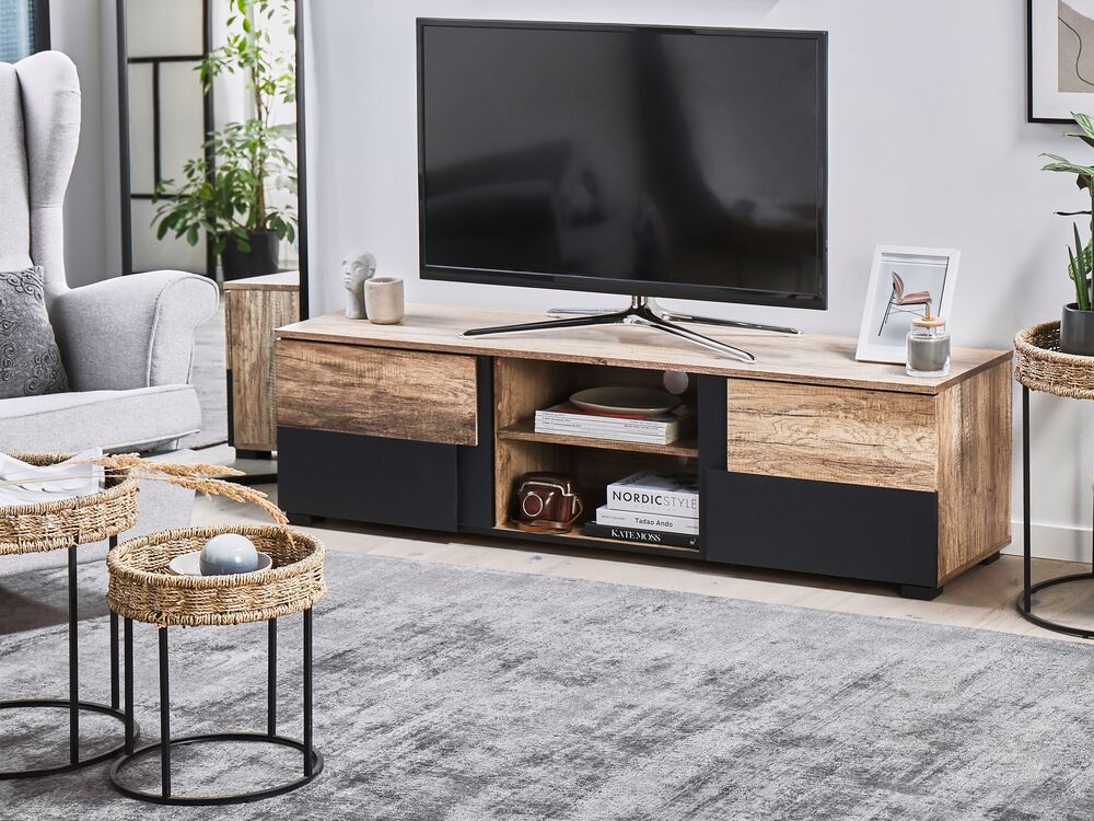 Mobile TV in legno chiaro e truciolare Nero per mensole TV 68'' ante fori passacavi design moderno