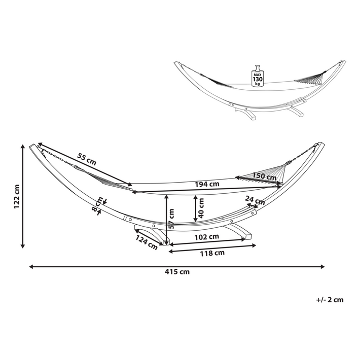 Amaca da giardino in cotone bianco con supporto ad arco in legno massello scuro autoportante