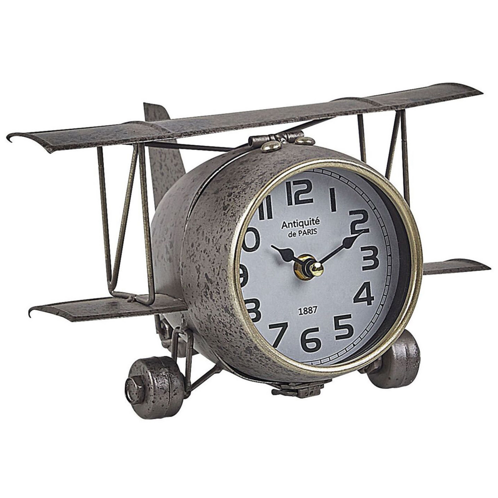 Orologio da Tavolo Forma Aeroplano Metallo Argento stile Vintage