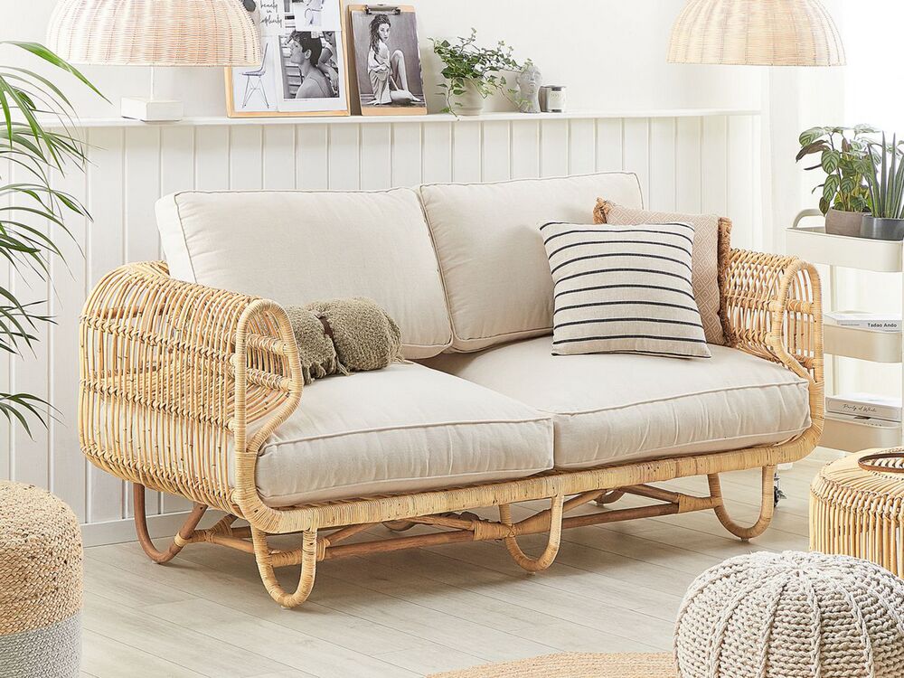 Divano Beige Rattan Naturale 2 Posti con Cuscini in Cotone Vimini Boho Design