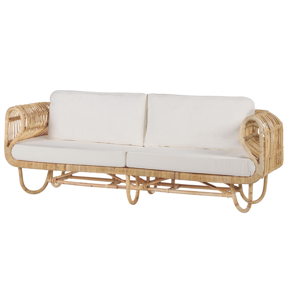 Divano Beige Rattan Naturale 2 Posti con Cuscini in Cotone Vimini Boho Design