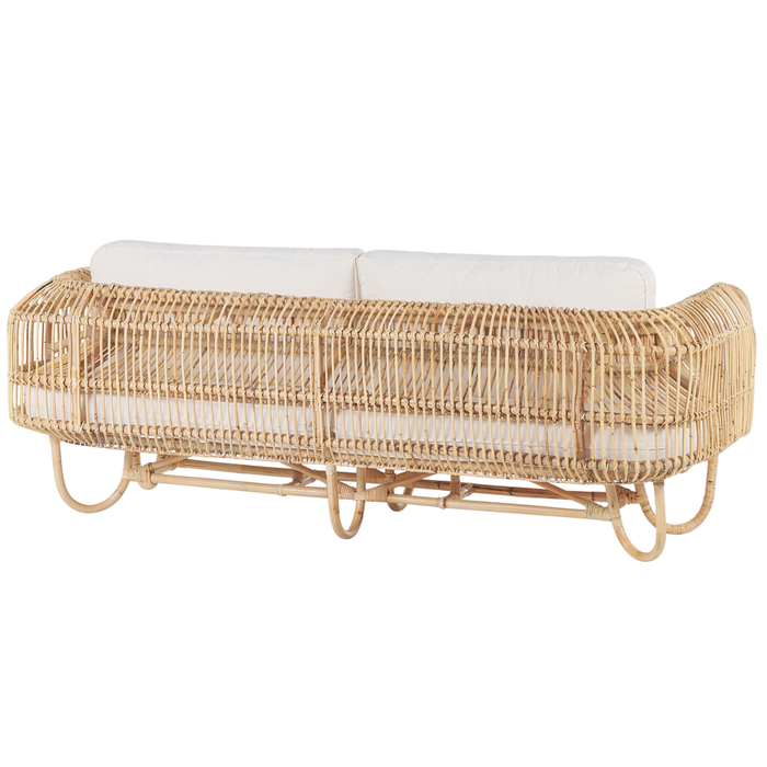 Divano Beige Rattan Naturale 2 Posti con Cuscini in Cotone Vimini Boho Design