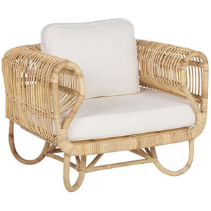 Poltrona Sedia in Rattan Naturale Beige con Cuscini in Cotone Vimini Boho Design