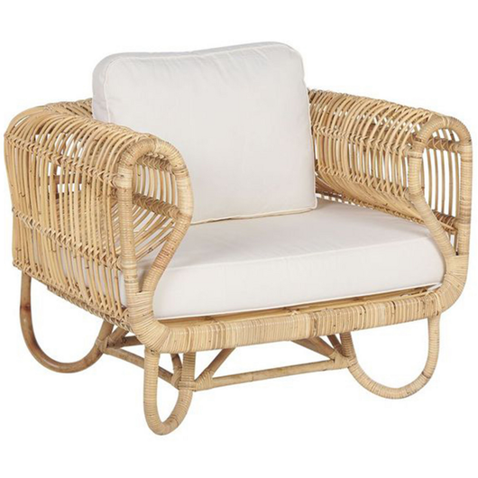 Poltrona Sedia in Rattan Naturale Beige con Cuscini in Cotone Vimini Boho Design