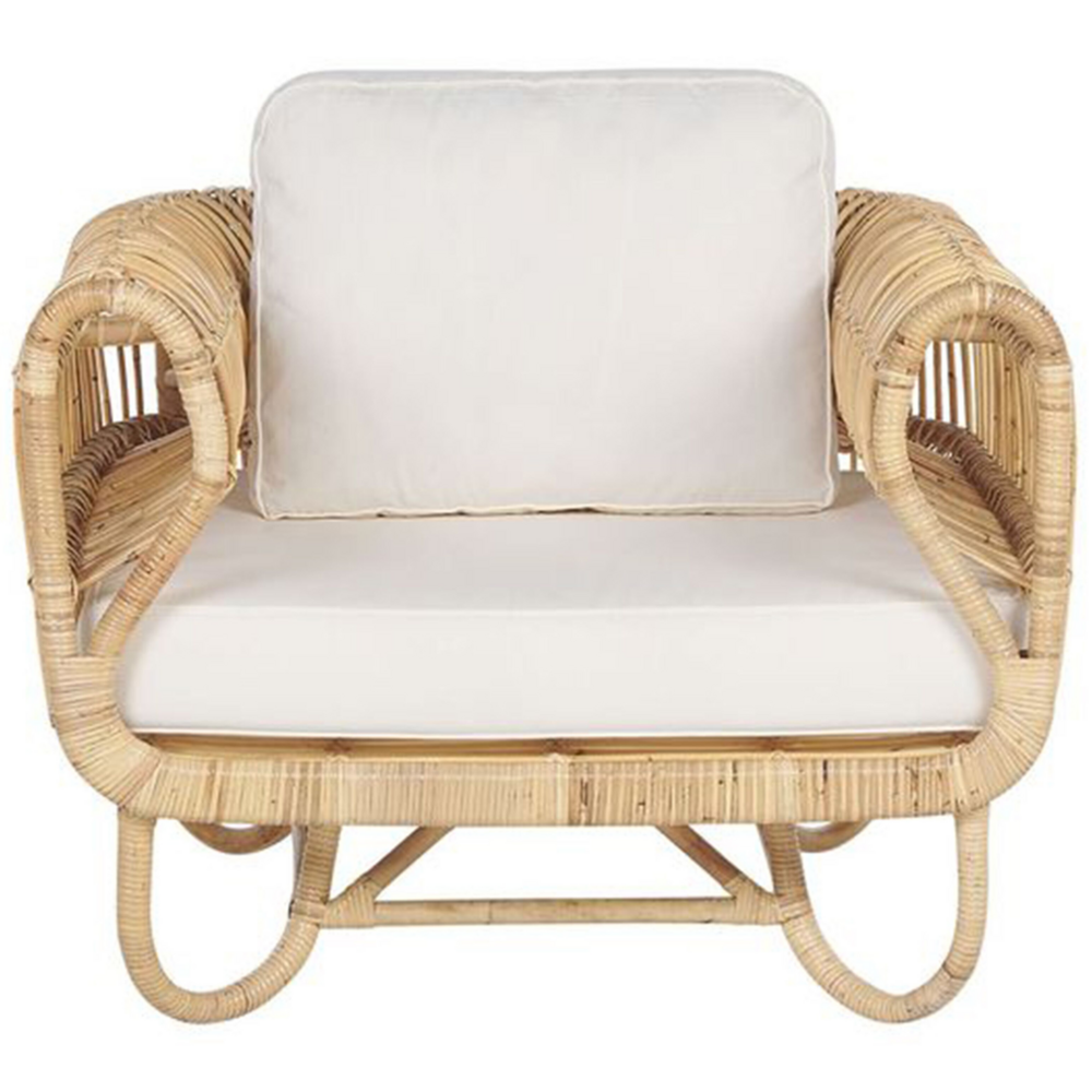 Poltrona Sedia in Rattan Naturale Beige con Cuscini in Cotone Vimini Boho Design