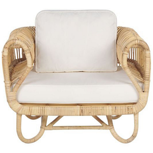 Poltrona Sedia in Rattan Naturale Beige con Cuscini in Cotone Vimini Boho Design