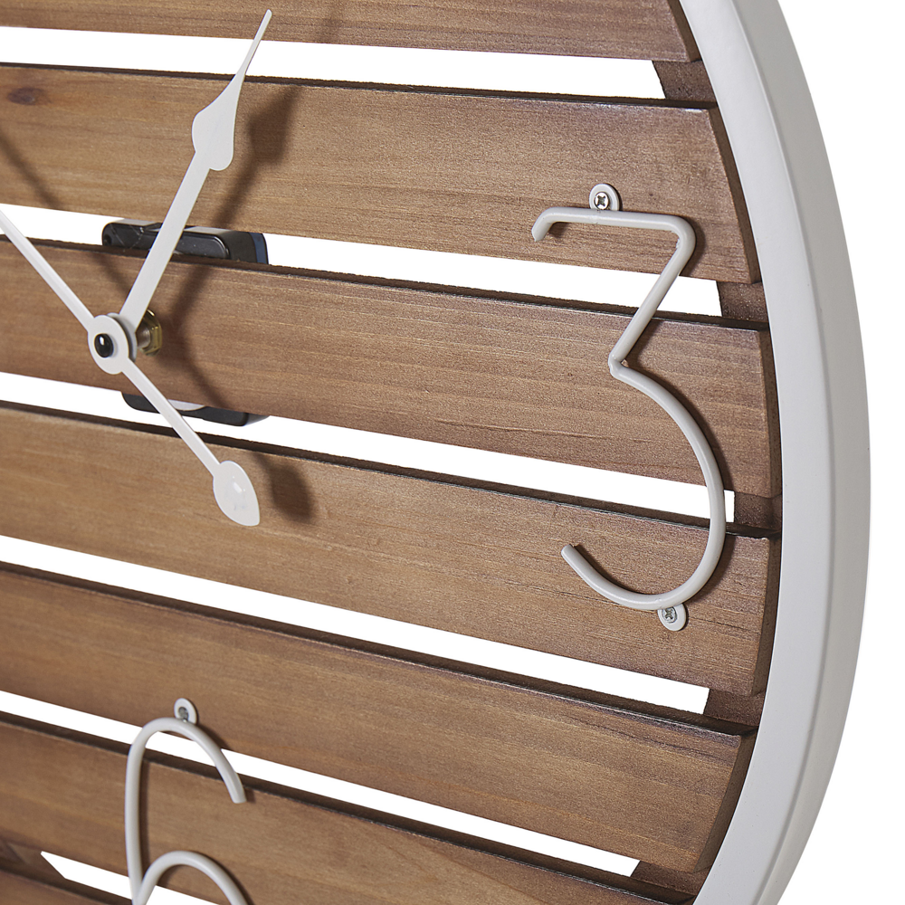 Orologio da parete in legno scuro rotondo ø 50 cm fatto a mano con quadrante a doghe montatura in metallo bianco