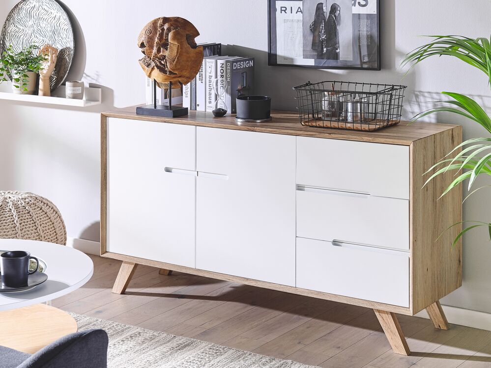 Madia credenza Bianca Legno Chiaro 3 Cassetti 2 Armadi Design Moderno Scandinavo