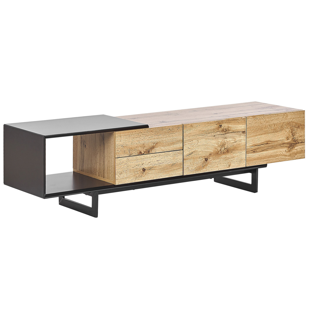 Mobile TV in legno chiaro e MDF Nero 160 cm fino a 70ʺ cassetti ripiani design moderno