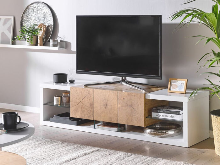 Mobile TV Bianco Legno Chiaro MDF Vetro Temperato 160 Cm Fino A 70ʺ Ripiani Cassetti Design Moderno