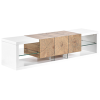 Mobile TV Bianco Legno Chiaro MDF Vetro Temperato 160 Cm Fino A 70ʺ Ripiani Cassetti Design Moderno
