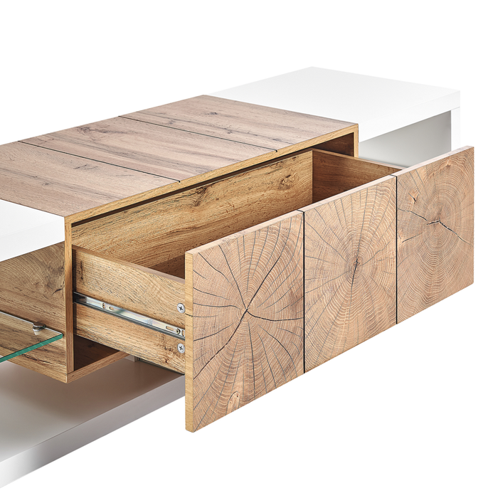 Mobile TV Bianco Legno Chiaro MDF Vetro Temperato 160 Cm Fino A 70ʺ Ripiani Cassetti Design Moderno