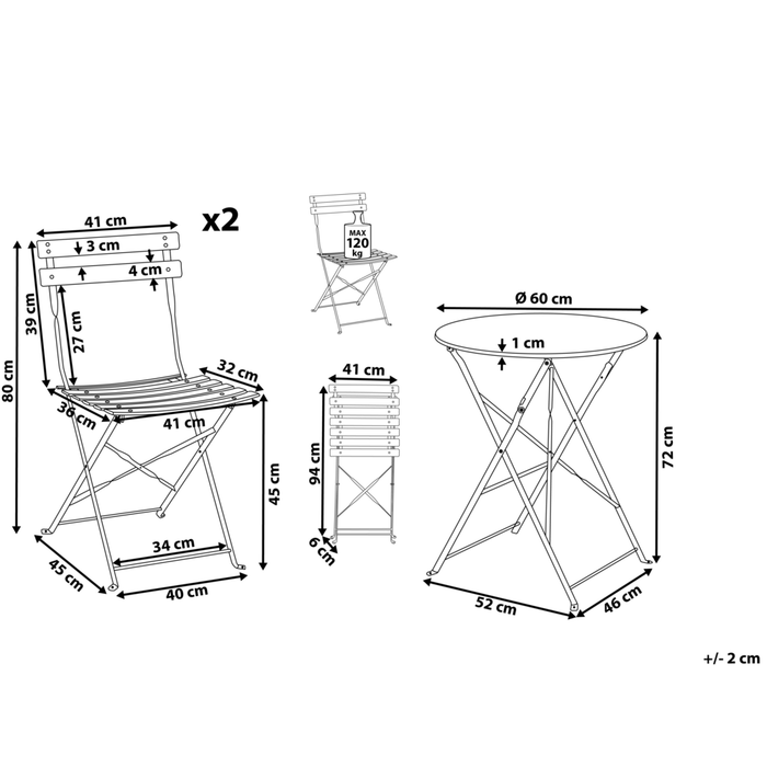 Set da bistrot da 3 pezzi in metallo verde menta con schienale a doghe pieghevole all'aperto