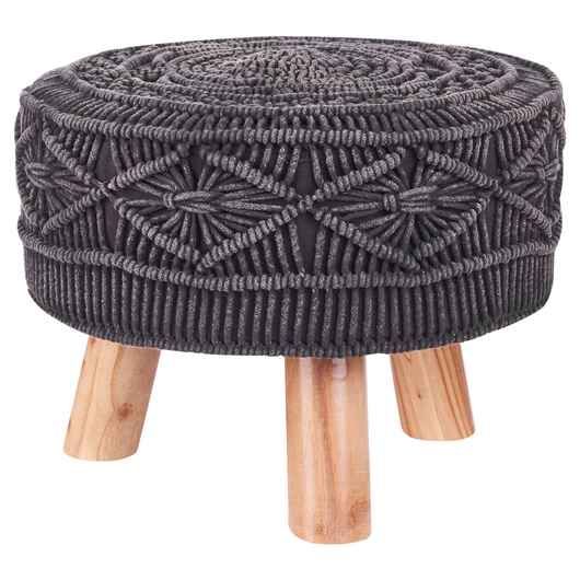 Poggiapiedi in cotone grigio grafite con gambe in legno motivo orientale lavorato a maglia rustico