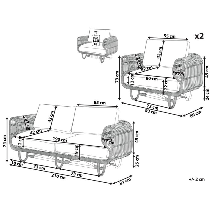 Set Divano Beige Rattan Naturale 2 Posti e Poltrone con Cuscini in Cotone Vimini Boho Design