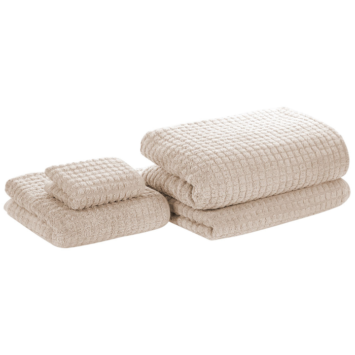Set di 4 asciugamani da bagno in cotone beige morbido a bassa torsione con tappetino da bagno 30x50 cm / 50x100 cm / 70x140 cm / 100x150 cm
