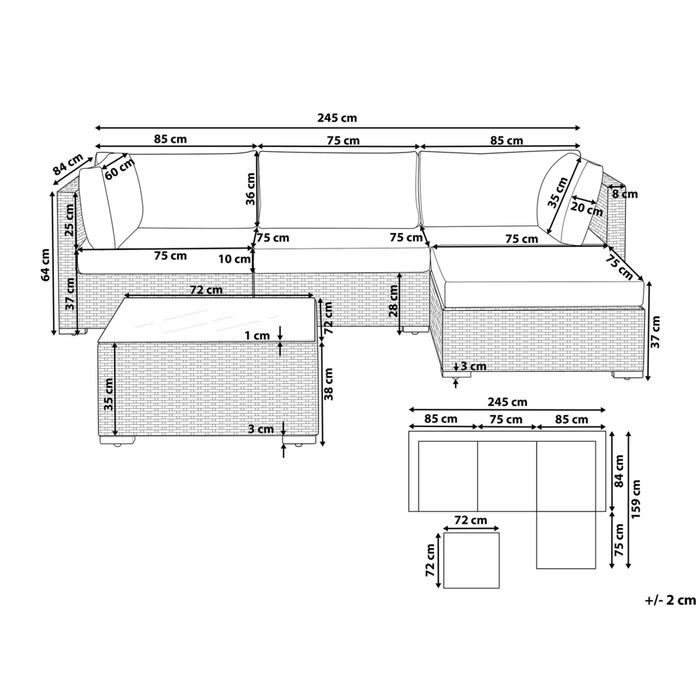 Set di divani da giardino in 2 pezzi Nero con cuscini grigi Tavolino da caffè angolare a 5 posti sinistro