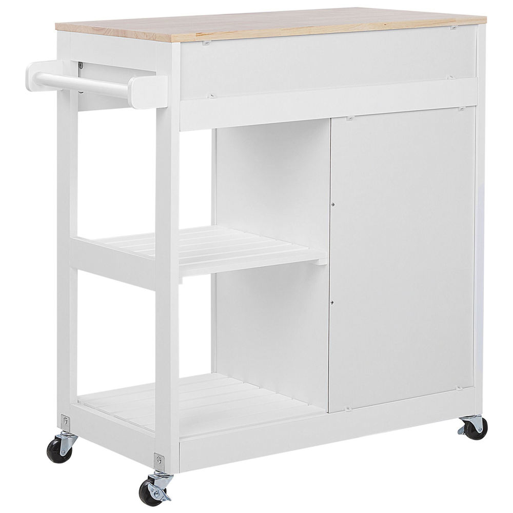 Carrello da cucina MDF bianco legno di gomma 75 x 43 x 87 cm armadio porta asciugamani 2 ripiani posate cassetto ruote