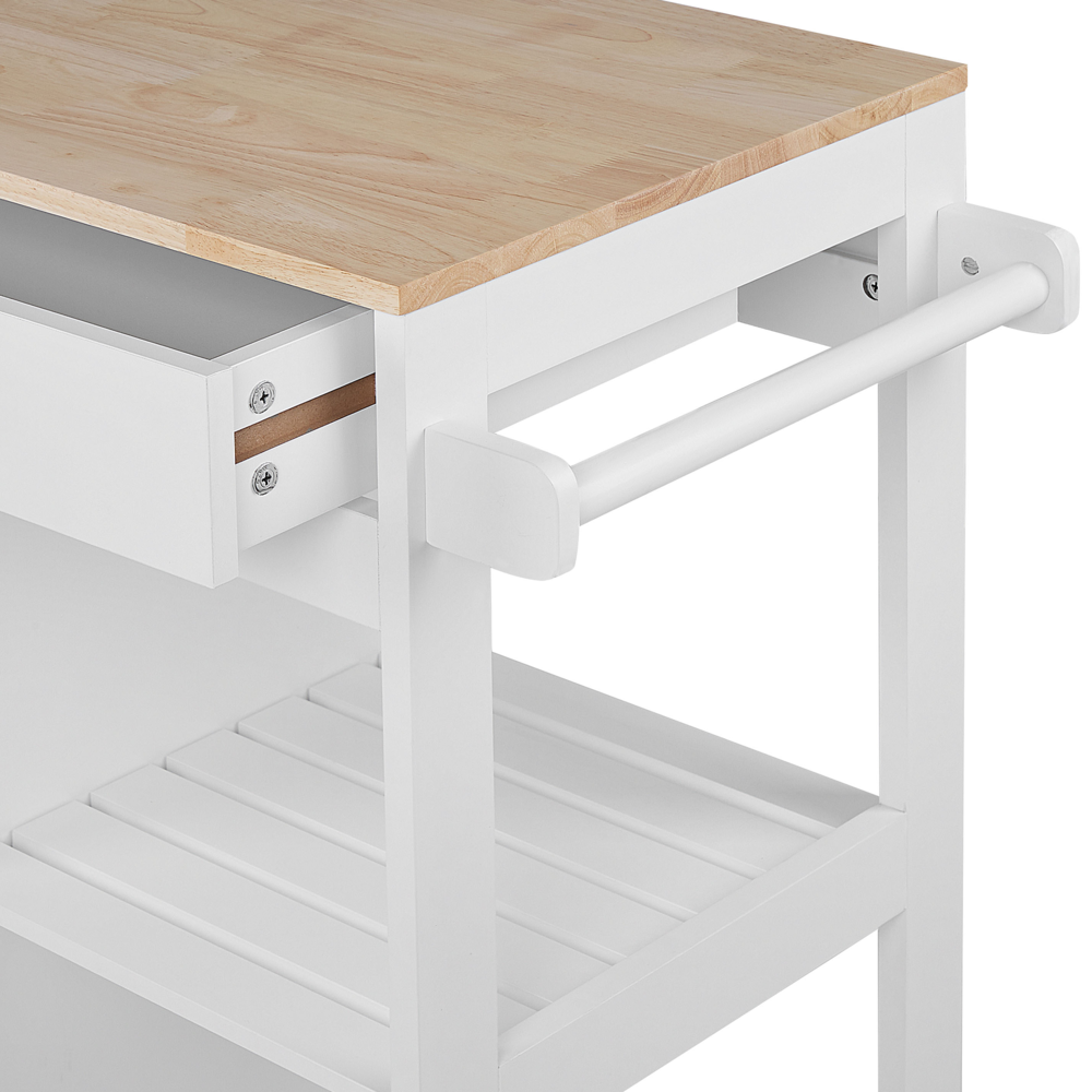 Carrello da cucina MDF bianco legno di gomma 75 x 43 x 87 cm armadio porta asciugamani 2 ripiani posate cassetto ruote