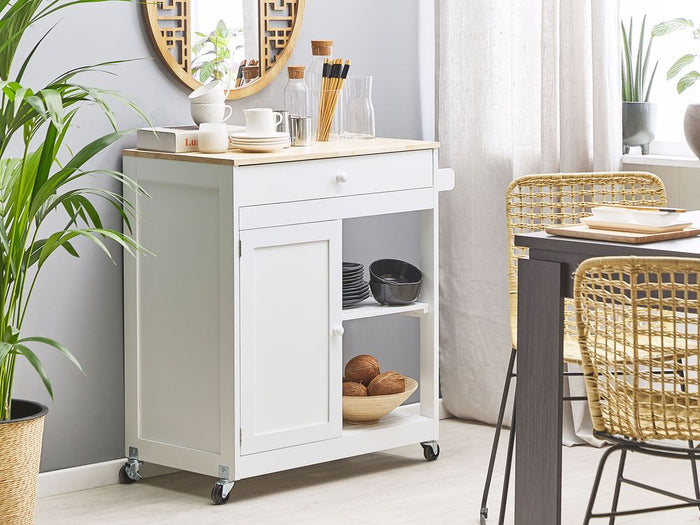 Carrello da cucina MDF bianco legno di gomma 75 x 43 x 87 cm armadio porta asciugamani 2 ripiani posate cassetto ruote