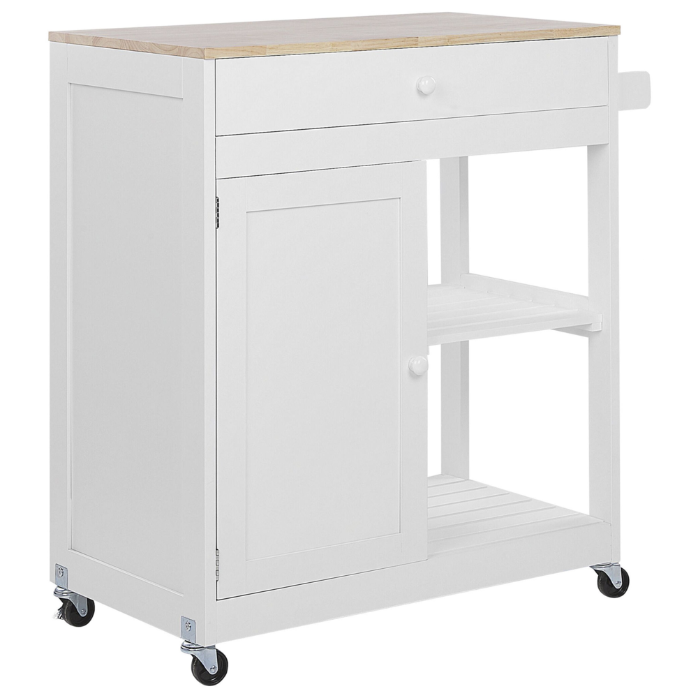 Carrello da cucina MDF bianco legno di gomma 75 x 43 x 87 cm armadio porta asciugamani 2 ripiani posate cassetto ruote