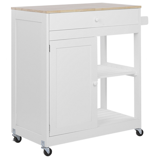 Carrello da cucina MDF bianco legno di gomma 75 x 43 x 87 cm armadio porta asciugamani 2 ripiani posate cassetto ruote