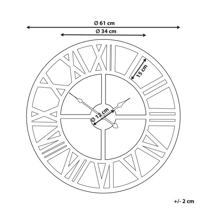 Orologio da Parete dorato Cornice in Ferro Design Classico Numeri Romani Rotondi 61 cm