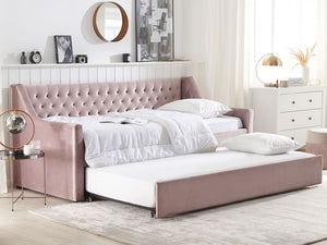 Letto singolo con letto estraibile 90 x 200 cm in Velluto Rosa con Rete a Doghe