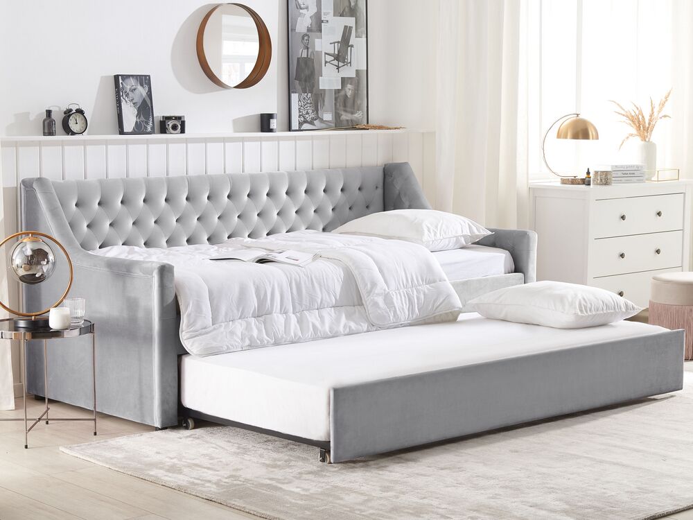 Letto singolo con letto estraibile 90 x 200 cm in Velluto grigio con Rete a Doghe