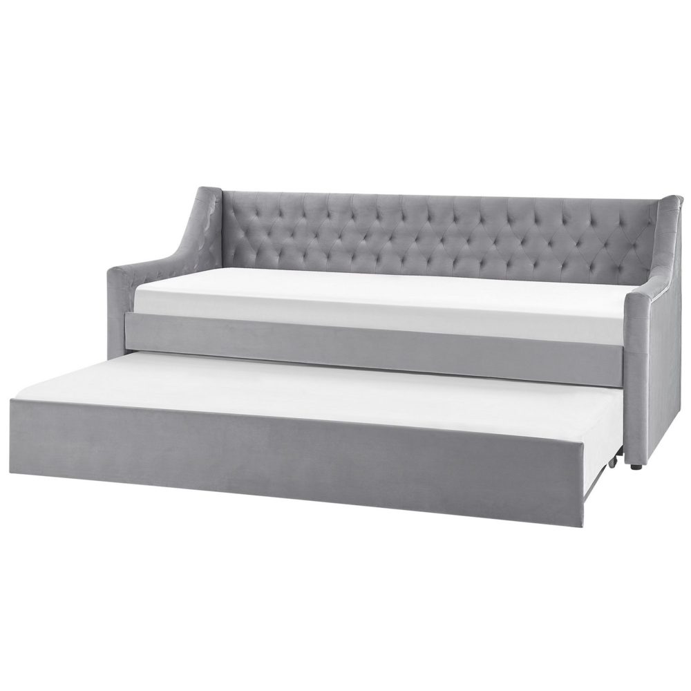 Letto singolo con letto estraibile 90 x 200 cm in Velluto grigio con Rete a Doghe