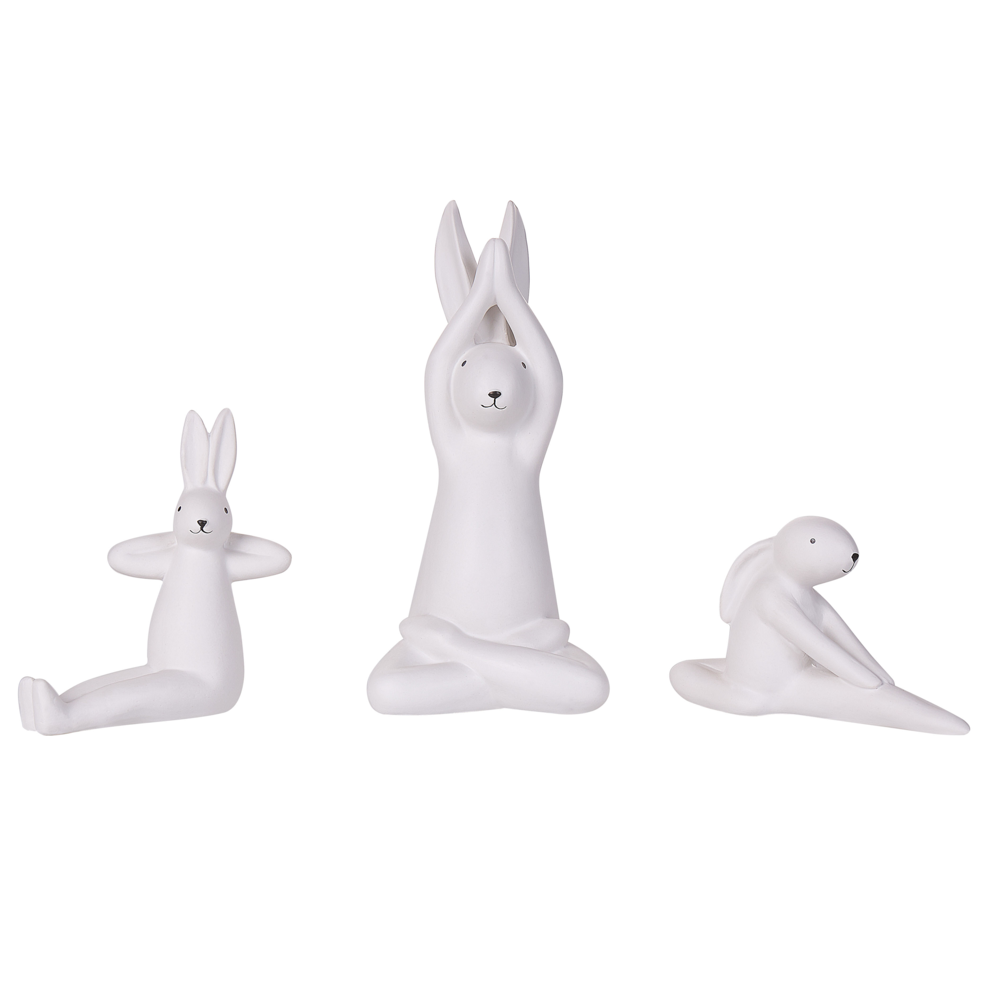 Set di 3 figure coniglietto bianco con finitura bianca in ceramica pasquale fatto a mano posa yoga decorazioni per la tavola