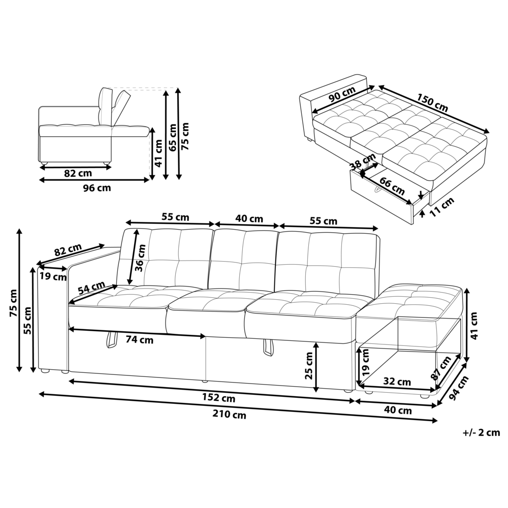 Divano letto componibile ottomana contenitore grigio scuro cassetti estraibili Click Clack vassoio ribaltabile portabicchieri
