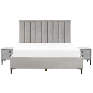 Set camera da letto in velluto grigio 180 x 200 cm con contenitore 2 comodini imbottiti