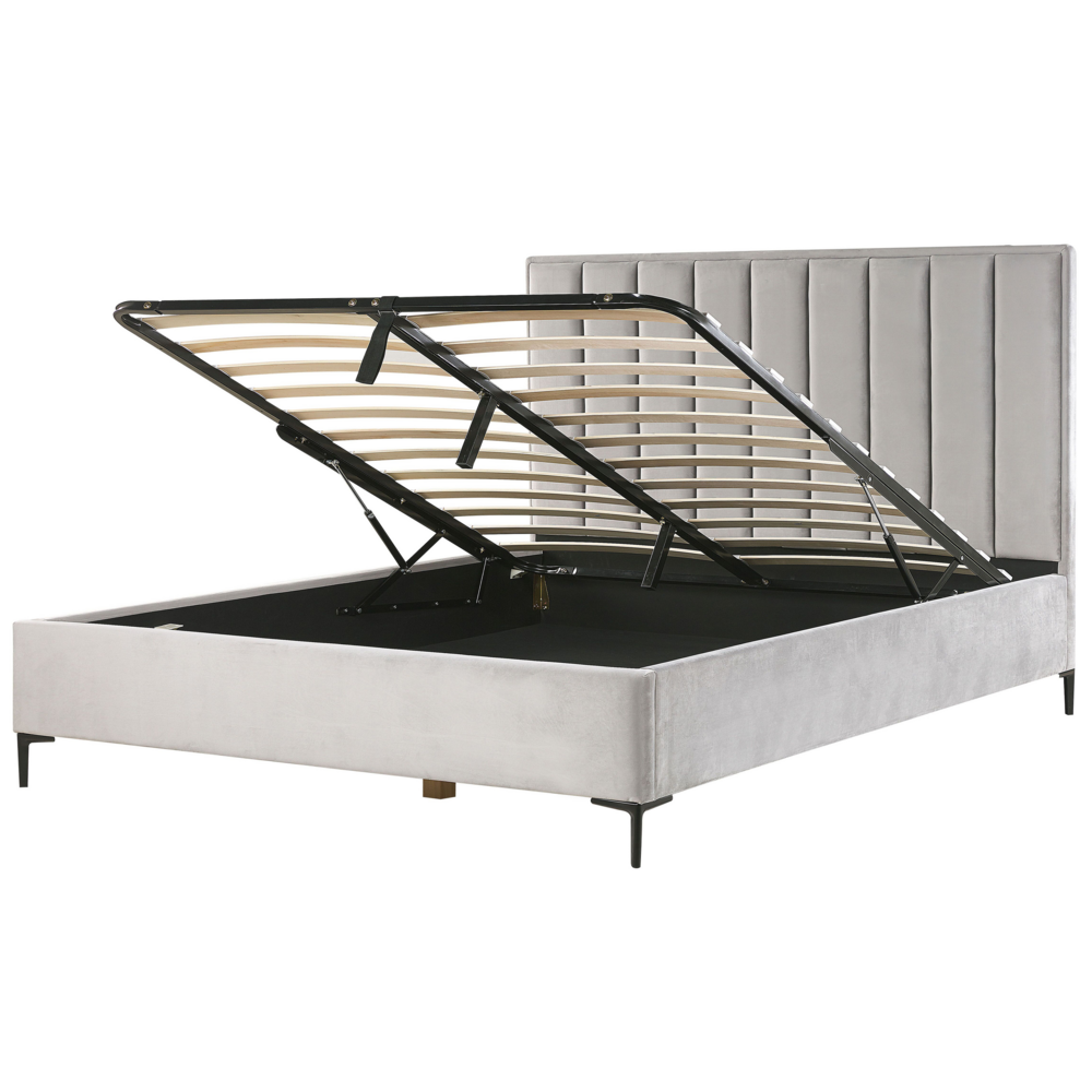 Set camera da letto in velluto grigio 180 x 200 cm con contenitore 2 comodini imbottiti