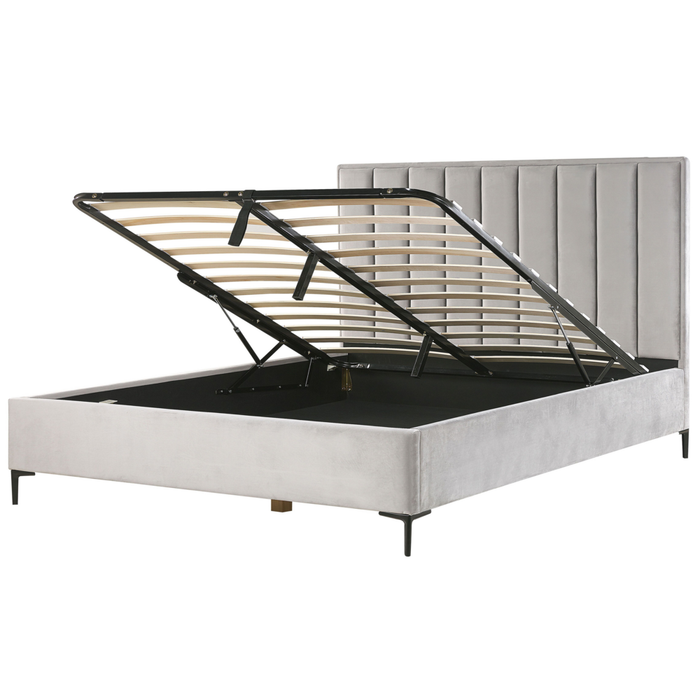 Set camera da letto in velluto grigio 180 x 200 cm con contenitore 2 comodini imbottiti