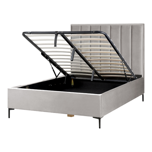 Letto in velluto grigio chiaro matrimoniale 140 x 200 cm con ottomana testata imbottita contenitore gambe in metallo Nero