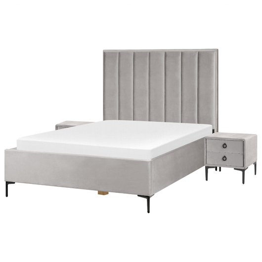 Set camera da letto in velluto grigio matrimoniale 160 cm 6 letto con contenitore 2 comodini imbottiti