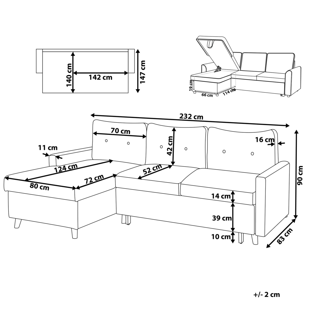 Divano letto ad angolo in tessuto grigio chiaro 4 posti contenitore a forma di L con orientamento a versione destra