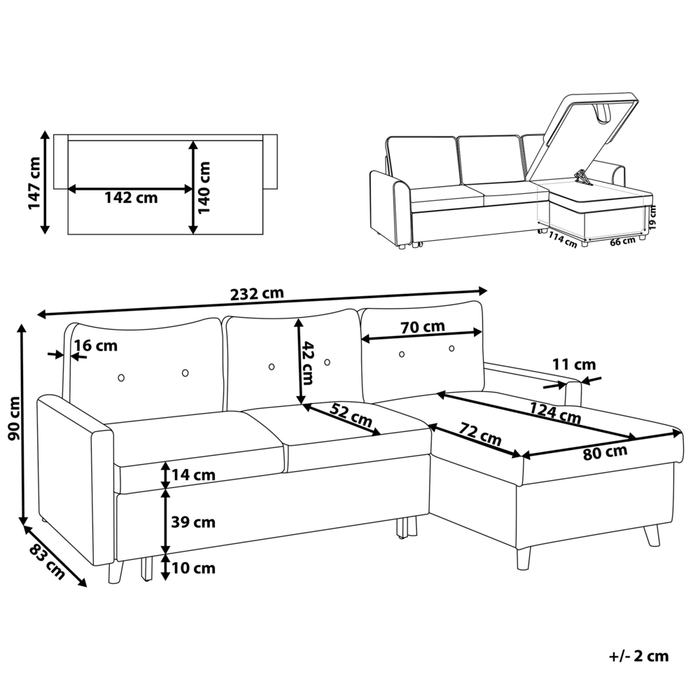 Divano letto angolare in tessuto grigio chiaro 4 posti contenitore a forma di L Orientamento a versione sinistra