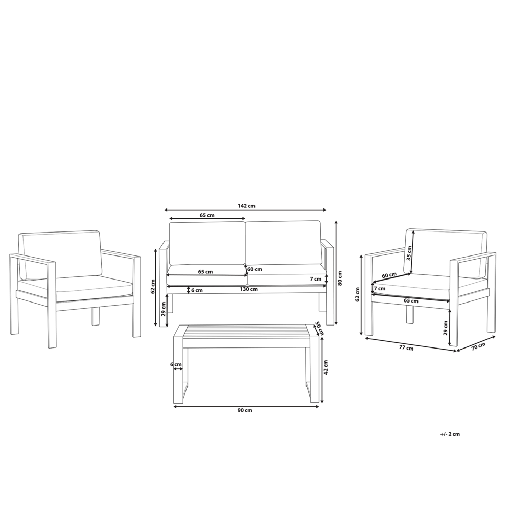 Set da giardino in 4 pezzi divano in legno di plastica grigio scuro con 2 sedie e tavolino da caffè
