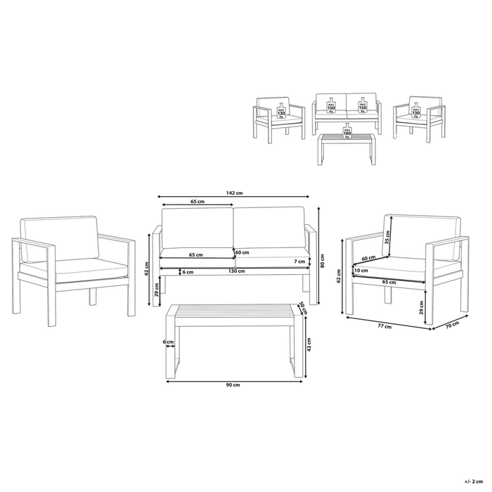 Set da giardino in 4 pezzi divano in legno di plastica grigio con 2 sedie e tavolino da caffè