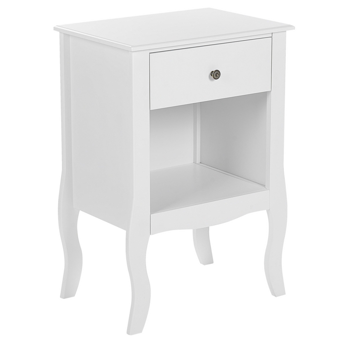 Comodino MDF bianco Scaffale per cassetti Scaffale per cassetti Curvy Gambe cabriole Manopola in metallo Design scandinavo