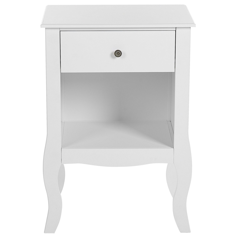 Comodino MDF bianco Scaffale per cassetti Scaffale per cassetti Curvy Gambe cabriole Manopola in metallo Design scandinavo