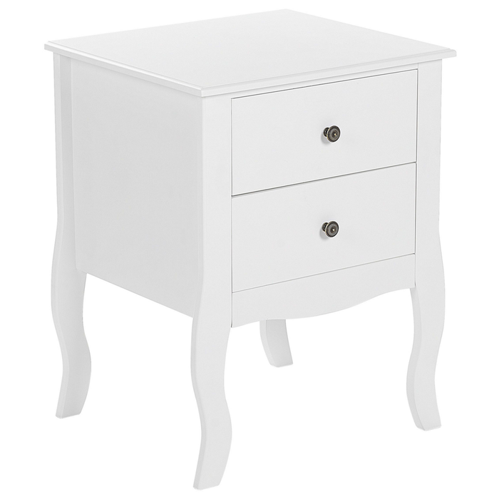 Comodino MDF bianco 2 cassetti portaoggetti Gambe curve cabriole Manopole in metallo Maniglie design scandinavo