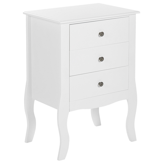 Comodino MDF bianco 3 cassetti portaoggetti Gambe curvy cabriole Manopole in metallo Maniglie design scandinavo