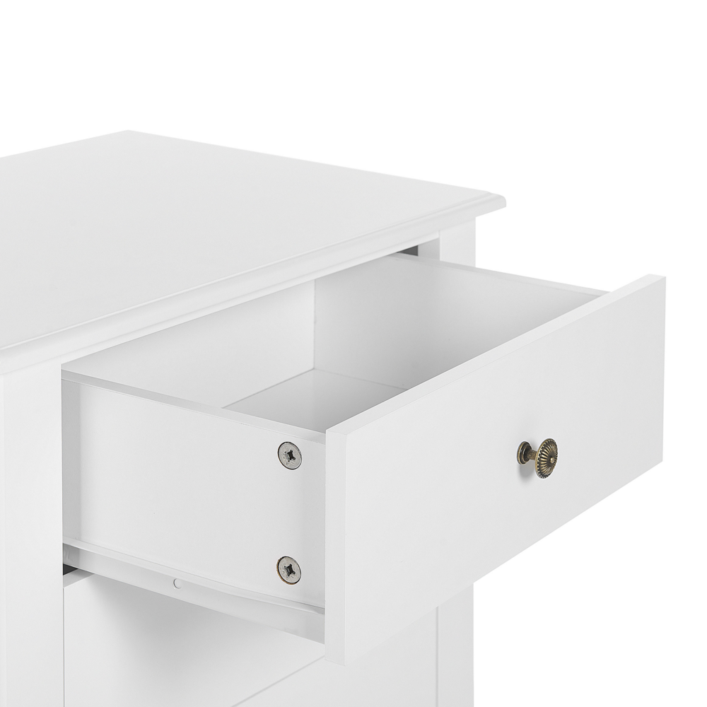 Comodino MDF bianco 3 cassetti portaoggetti Gambe curvy cabriole Manopole in metallo Maniglie design scandinavo