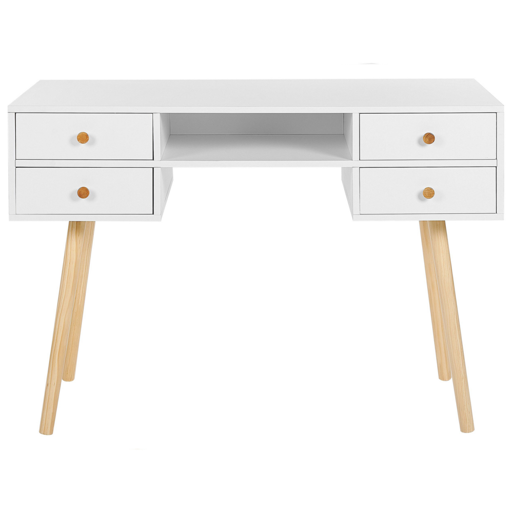Scrivania per home office bianca 4 cassetti portaoggetti gambe in legno massello chiaro 110 x 55 cm scandinavo