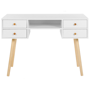 Scrivania per home office bianca 4 cassetti portaoggetti gambe in legno massello chiaro 110 x 55 cm scandinavo