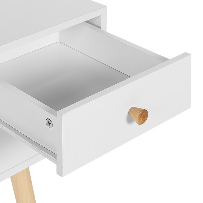 Scrivania per home office bianca 4 cassetti portaoggetti gambe in legno massello chiaro 110 x 55 cm scandinavo